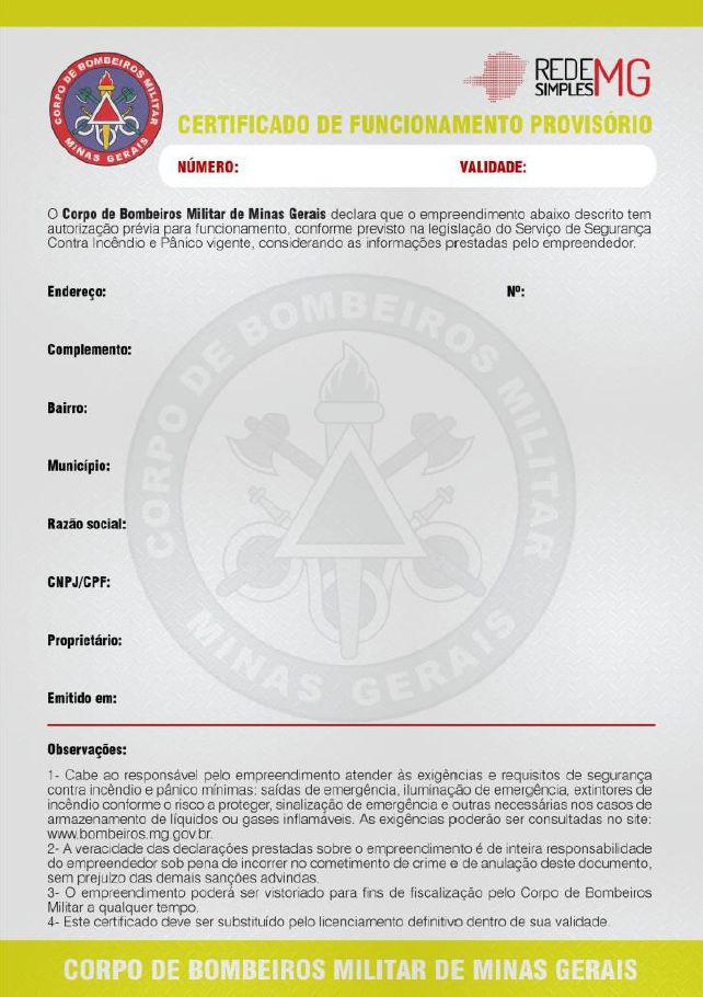 Certificado De Funcionamento Provisório Em Belo Horizonte BH / MG